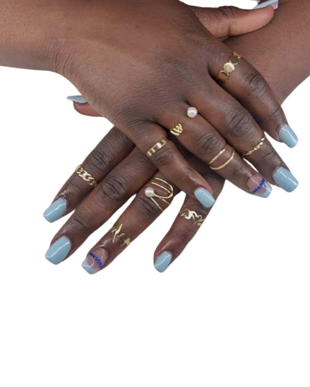 Baby blue nails with gold rings