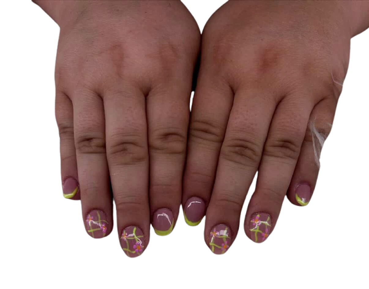Yellow floral gel short nails with spring blossom design